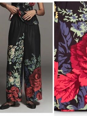 Anthropologie The Somerset Silky Floral Wide-Leg Pants size Large